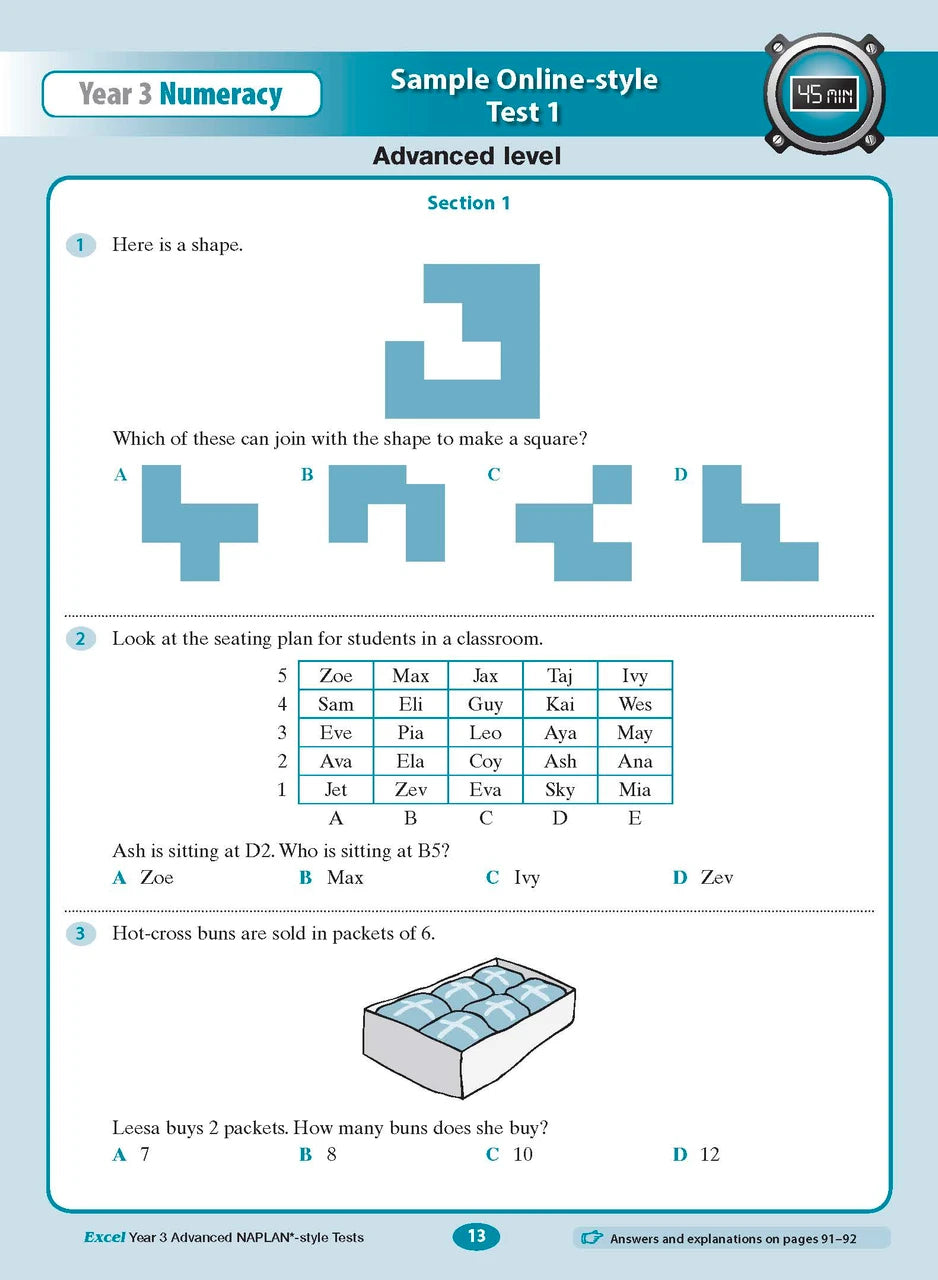Sample interior page from the Excel Advanced Year 3 NAPLAN-style Tests workbook as shown in the publisher gallery