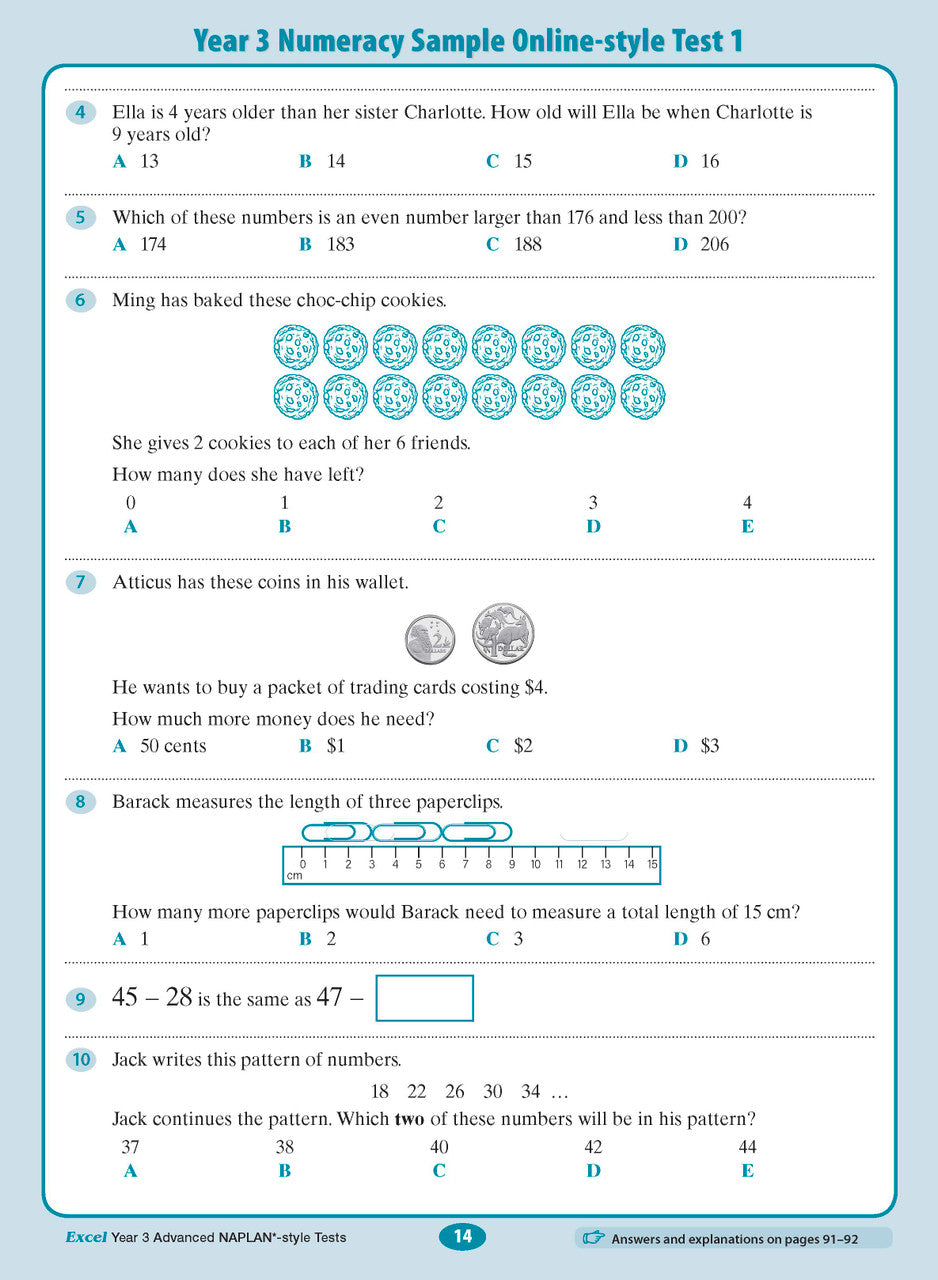 Sample interior page from the Excel Advanced Year 3 NAPLAN-style Tests workbook as shown in the publisher gallery