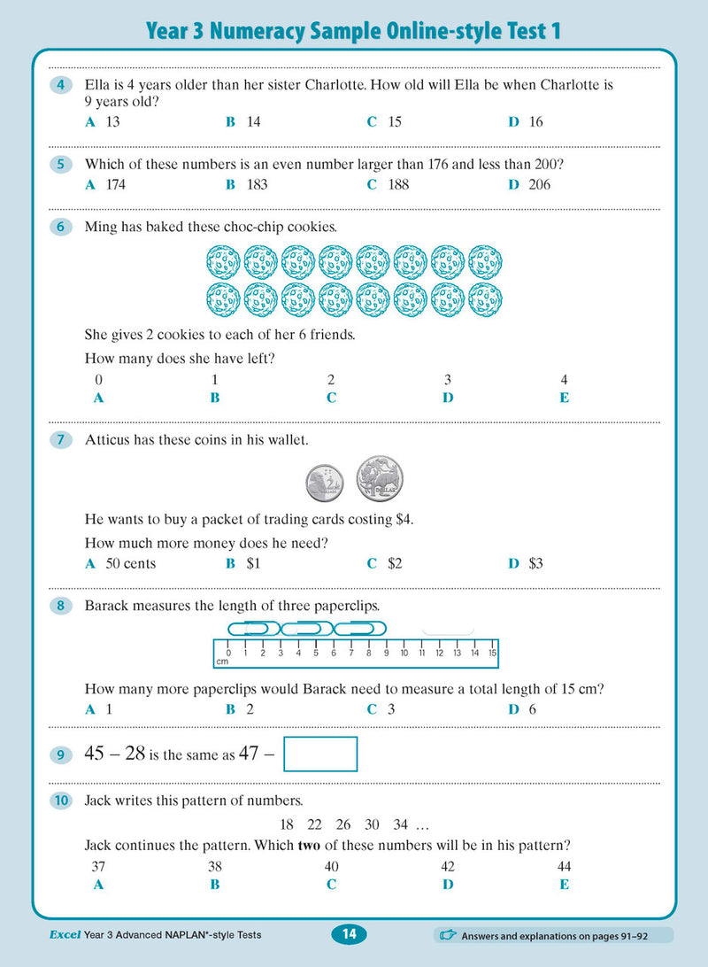 Sample interior page from the Excel Advanced Year 3 NAPLAN-style Tests workbook as shown in the publisher gallery