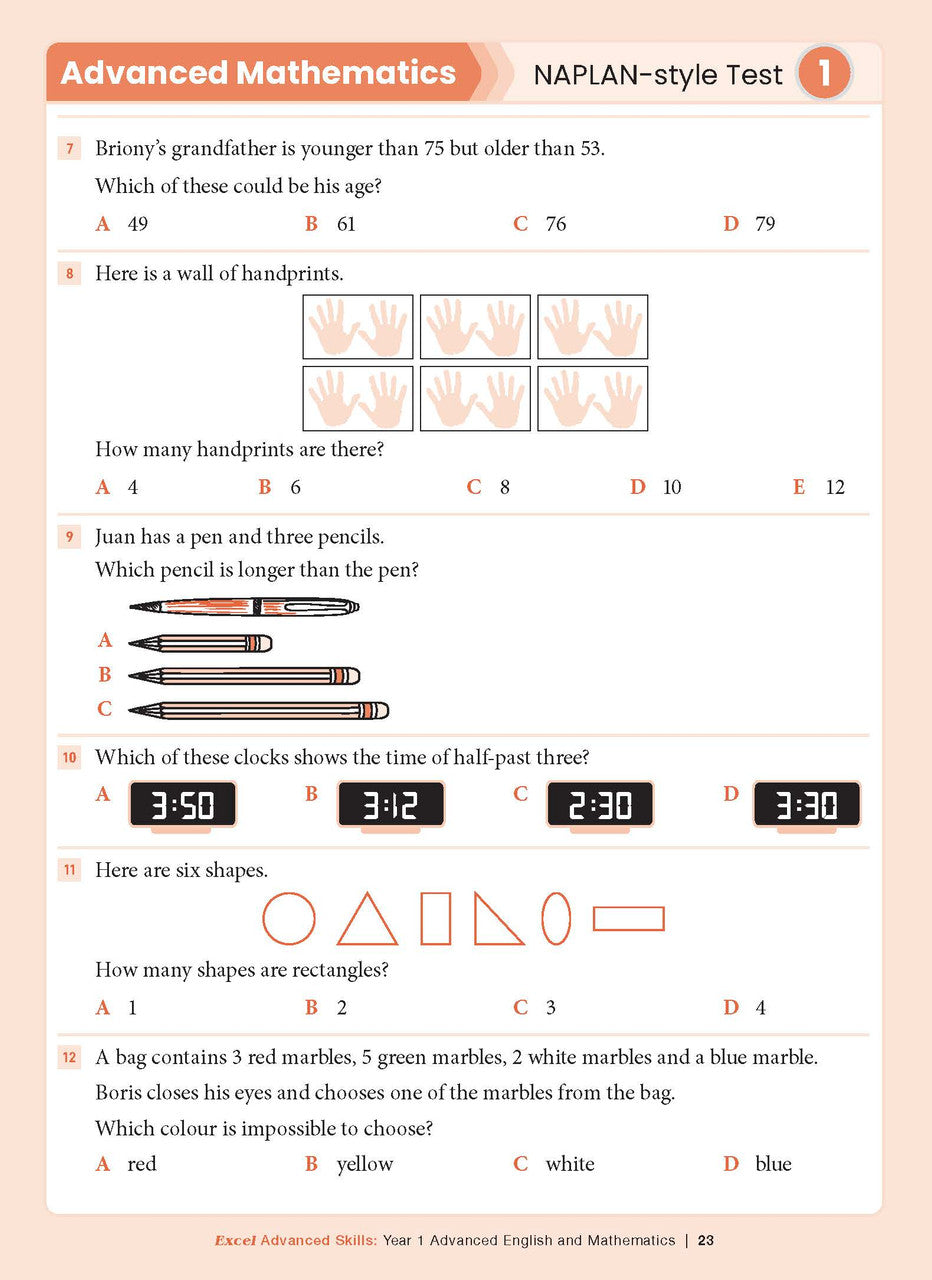 Sample interior page from the Excel Advanced Skills Advanced English and Mathematics Year 1 workbook, the tenth image in the publisher gallery