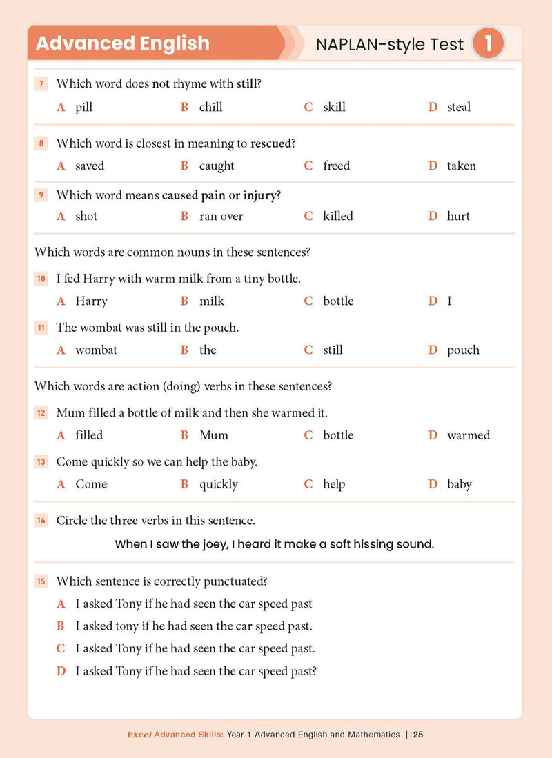 Sample interior page from the Excel Advanced Skills Advanced English and Mathematics Year 1 workbook, the twelfth image in the publisher gallery