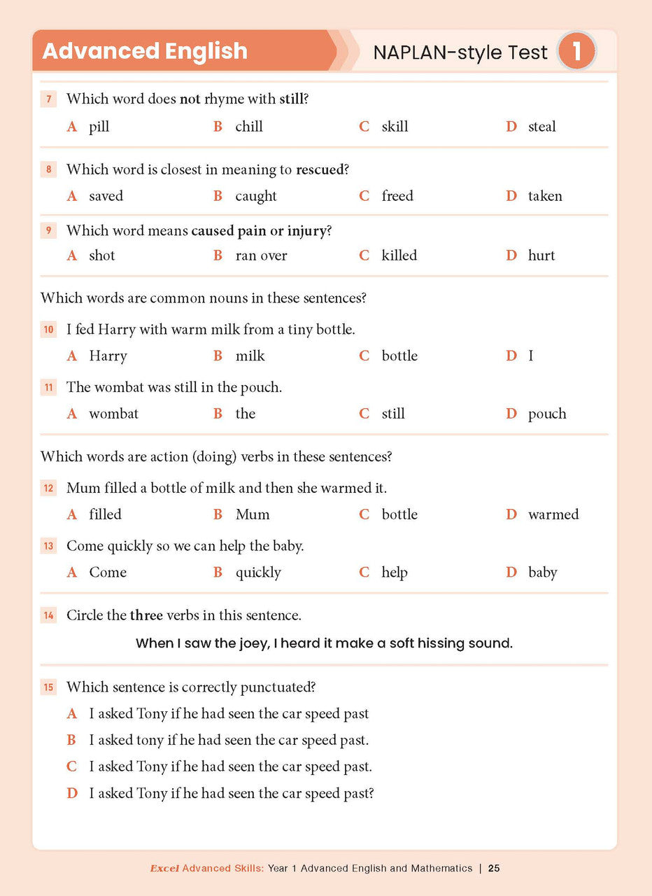 Sample interior page from the Excel Advanced Skills Advanced English and Mathematics Year 1 workbook, the twelfth image in the publisher gallery
