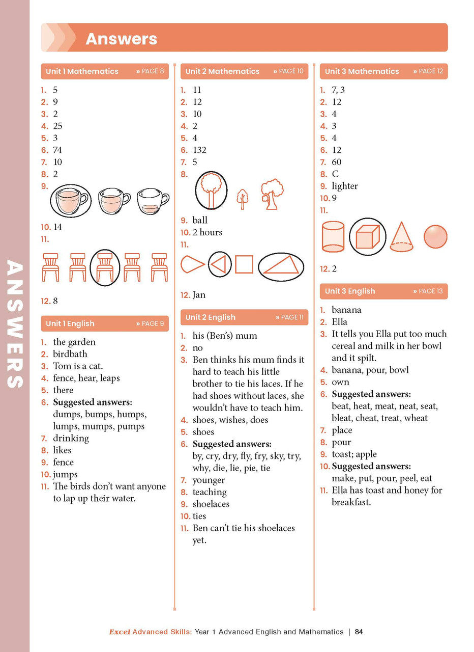 Sample interior page from the Excel Advanced Skills Advanced English and Mathematics Year 1 workbook, the thirteenth image in the publisher gallery