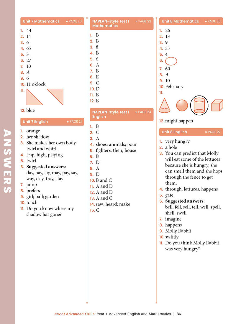 Sample interior page from the Excel Advanced Skills Advanced English and Mathematics Year 1 workbook, the fourteenth image in the publisher gallery