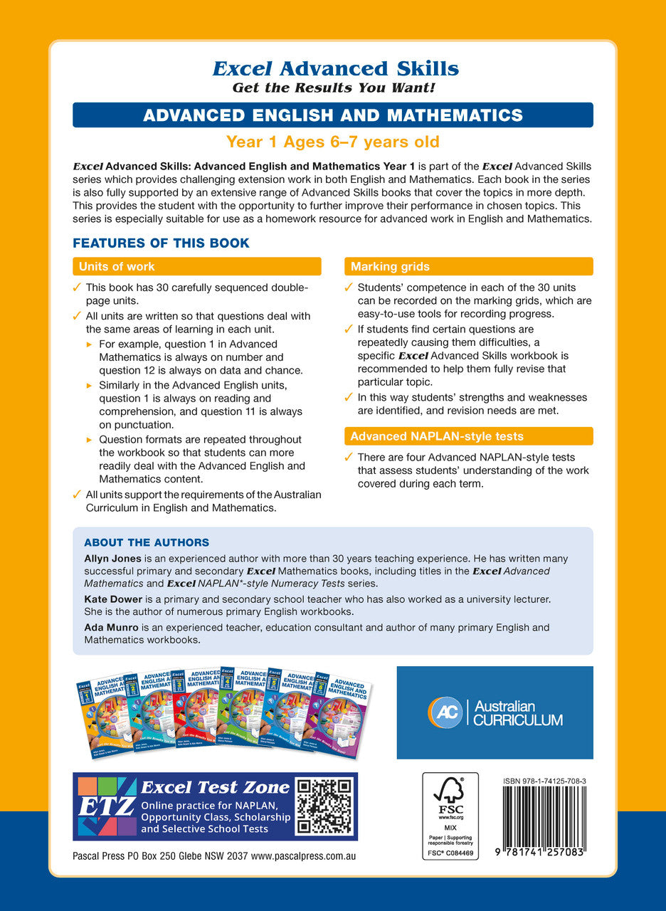 Back cover of the Excel Advanced Skills Advanced English and Mathematics Year 1 workbook with the publisher's overview of the book