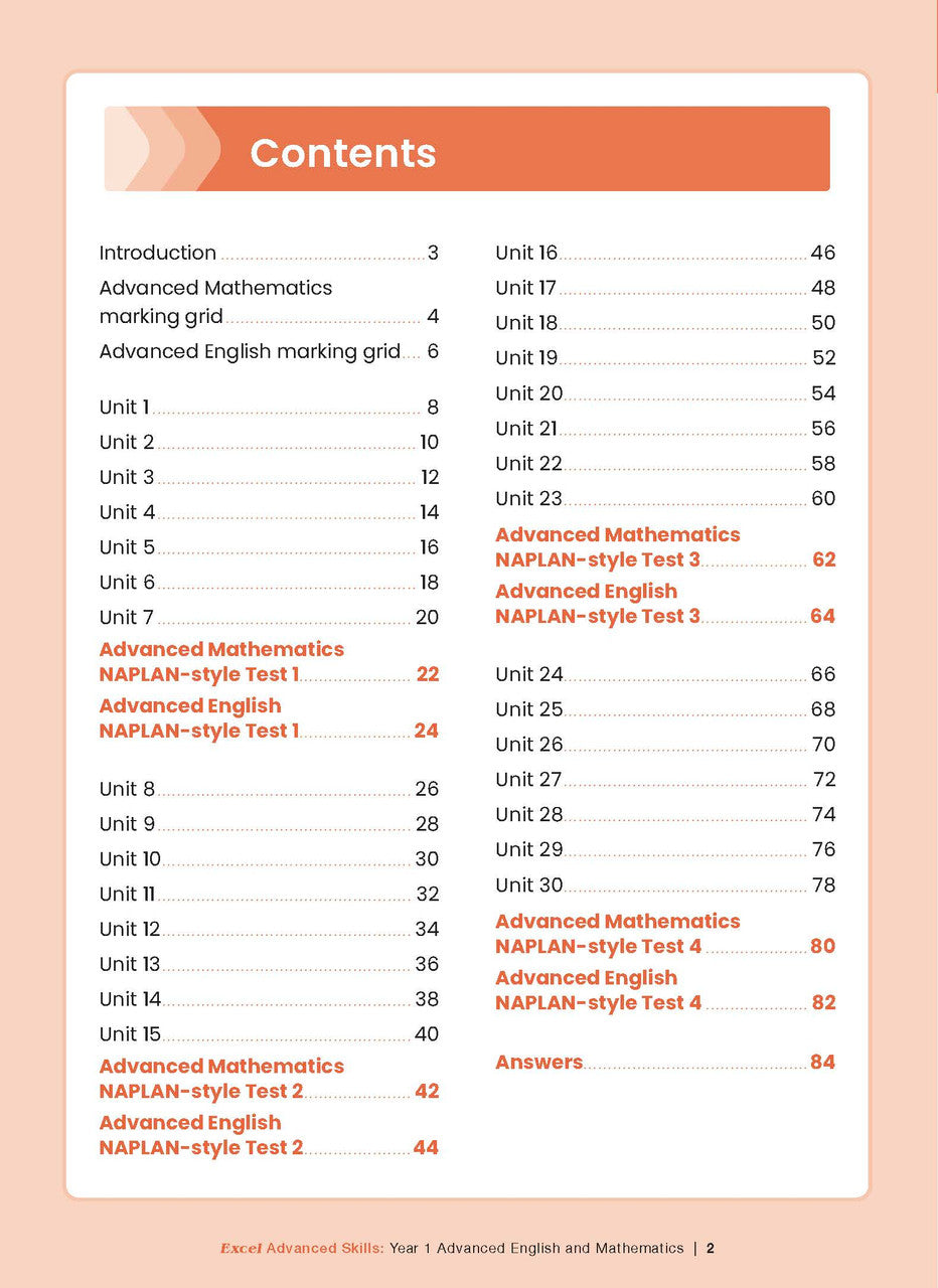 Sample interior page from the Excel Advanced Skills Advanced English and Mathematics Year 1 workbook, the second image in the publisher gallery