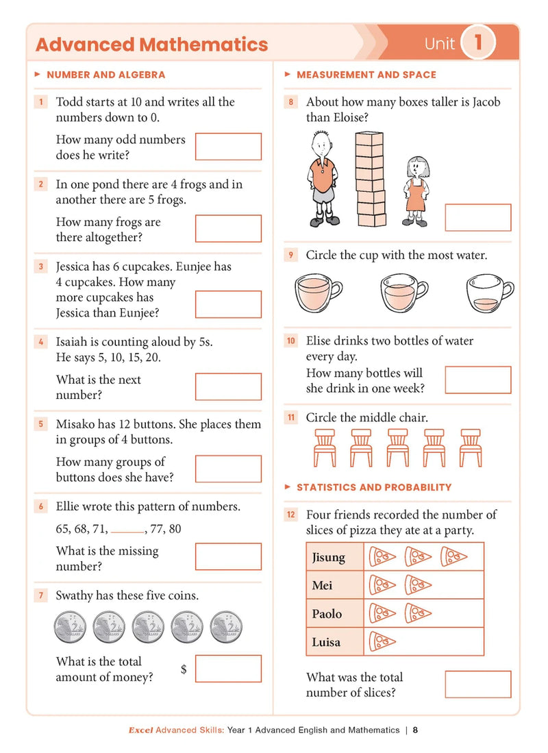 Sample interior page from the Excel Advanced Skills Advanced English and Mathematics Year 1 workbook, the third image in the publisher gallery