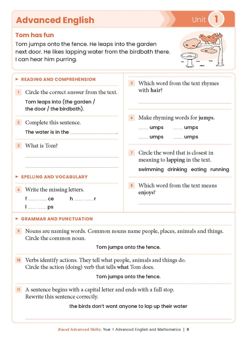 Sample interior page from the Excel Advanced Skills Advanced English and Mathematics Year 1 workbook, the fourth image in the publisher gallery
