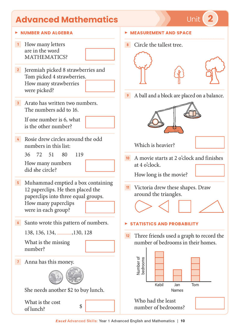 Sample interior page from the Excel Advanced Skills Advanced English and Mathematics Year 1 workbook, the fifth image in the publisher gallery