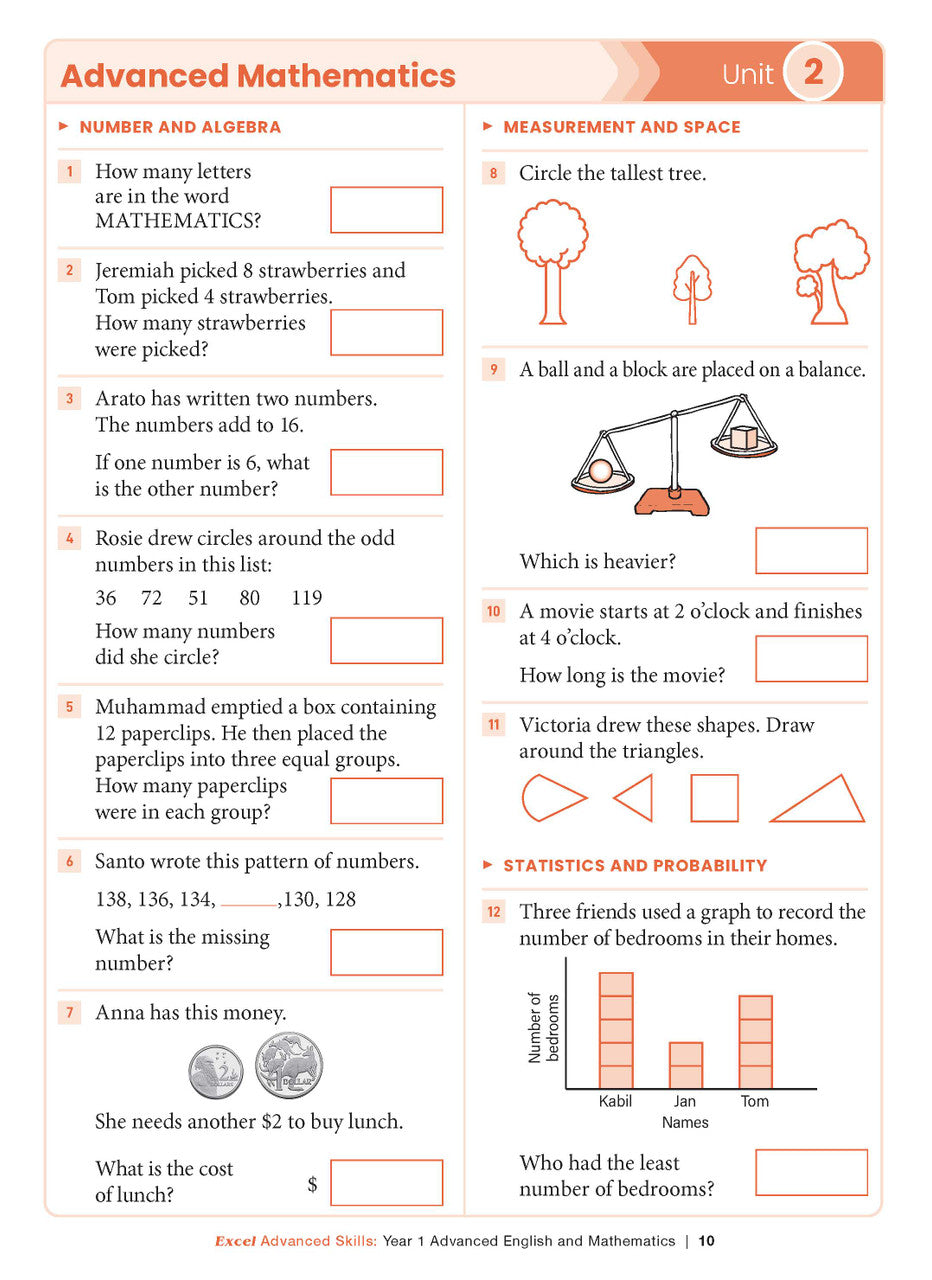 Sample interior page from the Excel Advanced Skills Advanced English and Mathematics Year 1 workbook, the fifth image in the publisher gallery