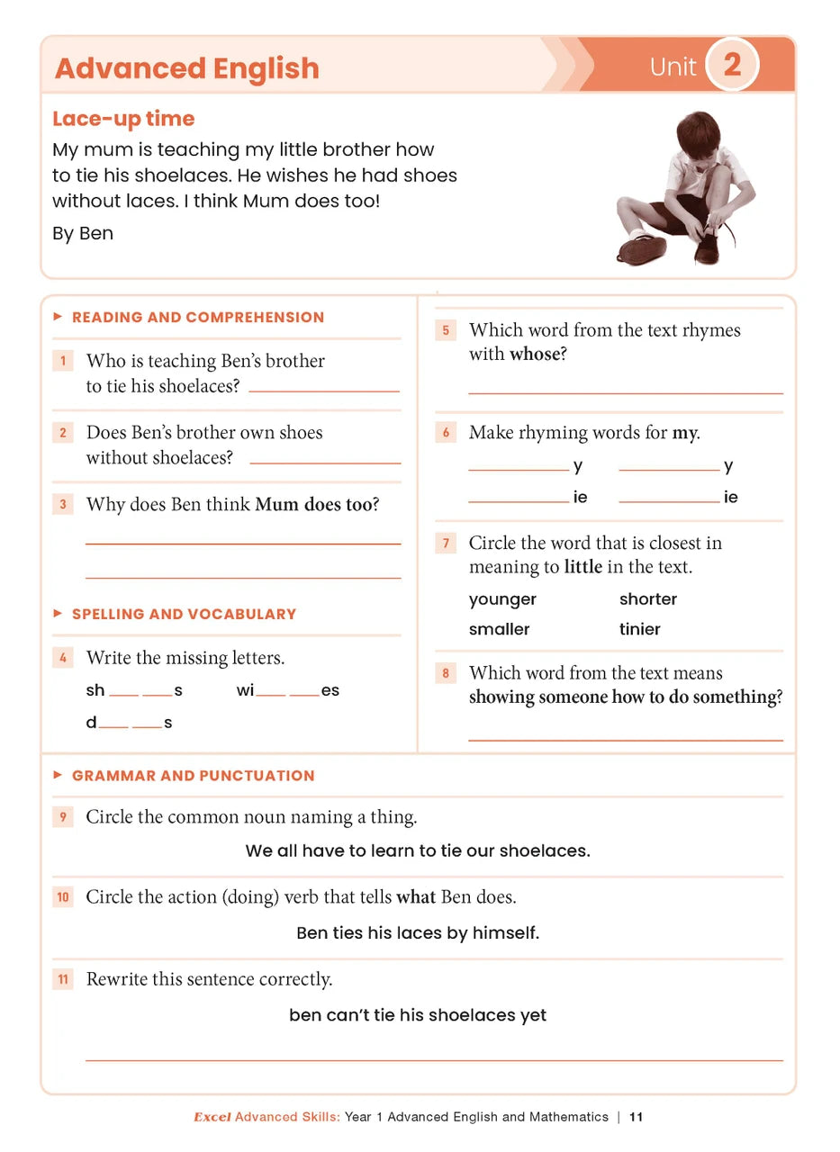 Sample interior page from the Excel Advanced Skills Advanced English and Mathematics Year 1 workbook, the sixth image in the publisher gallery