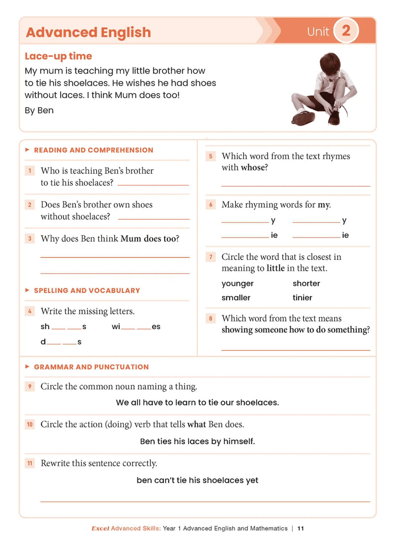Sample interior page from the Excel Advanced Skills Advanced English and Mathematics Year 1 workbook, the sixth image in the publisher gallery