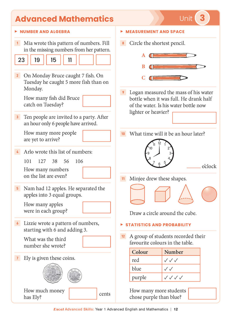 Sample interior page from the Excel Advanced Skills Advanced English and Mathematics Year 1 workbook, the seventh image in the publisher gallery