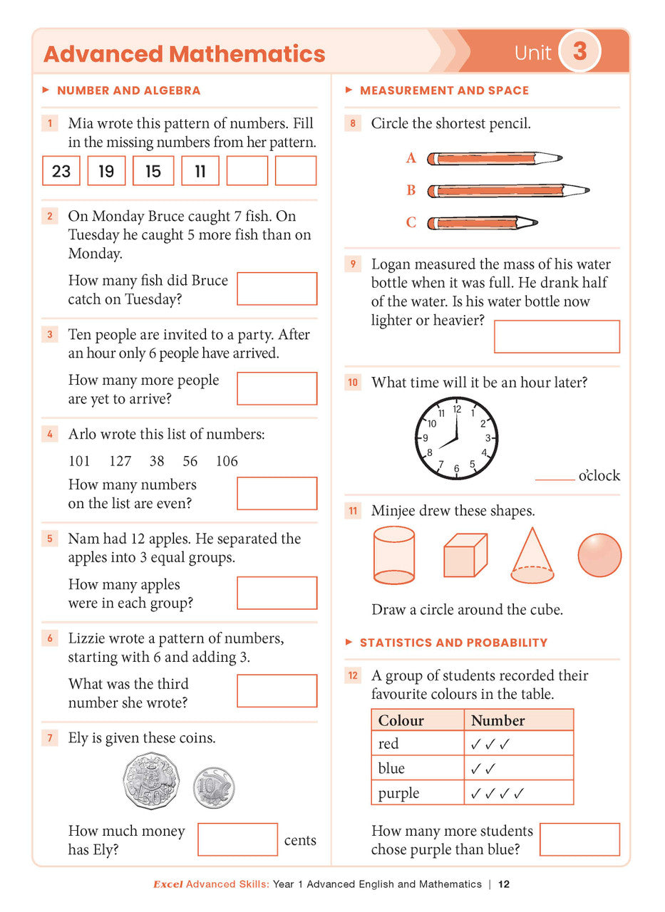 Sample interior page from the Excel Advanced Skills Advanced English and Mathematics Year 1 workbook, the seventh image in the publisher gallery