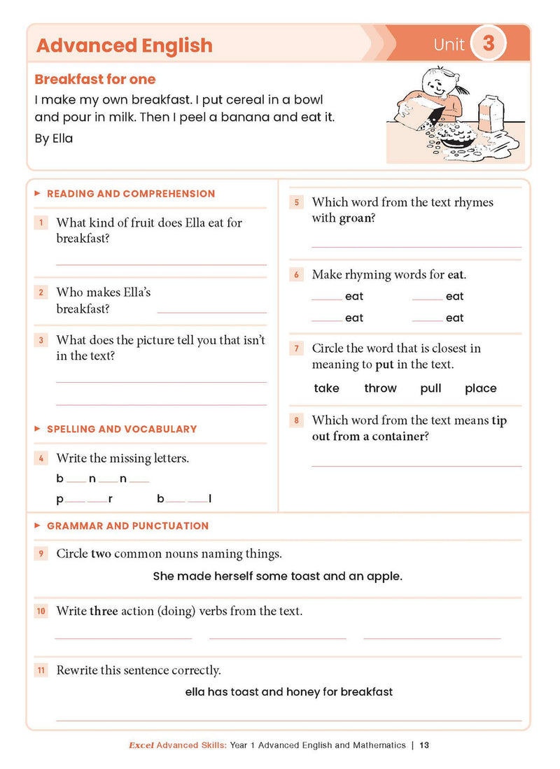 Sample interior page from the Excel Advanced Skills Advanced English and Mathematics Year 1 workbook, the eighth image in the publisher gallery