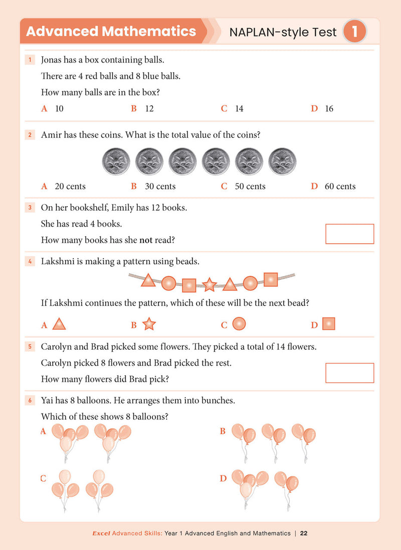 Sample interior page from the Excel Advanced Skills Advanced English and Mathematics Year 1 workbook, the ninth image in the publisher gallery