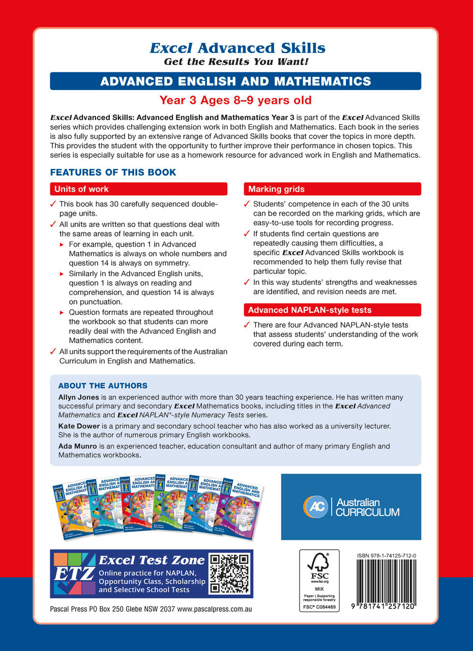 Back cover of the Excel Advanced Skills Advanced English and Mathematics Year 3 workbook with the publisher's overview of the book