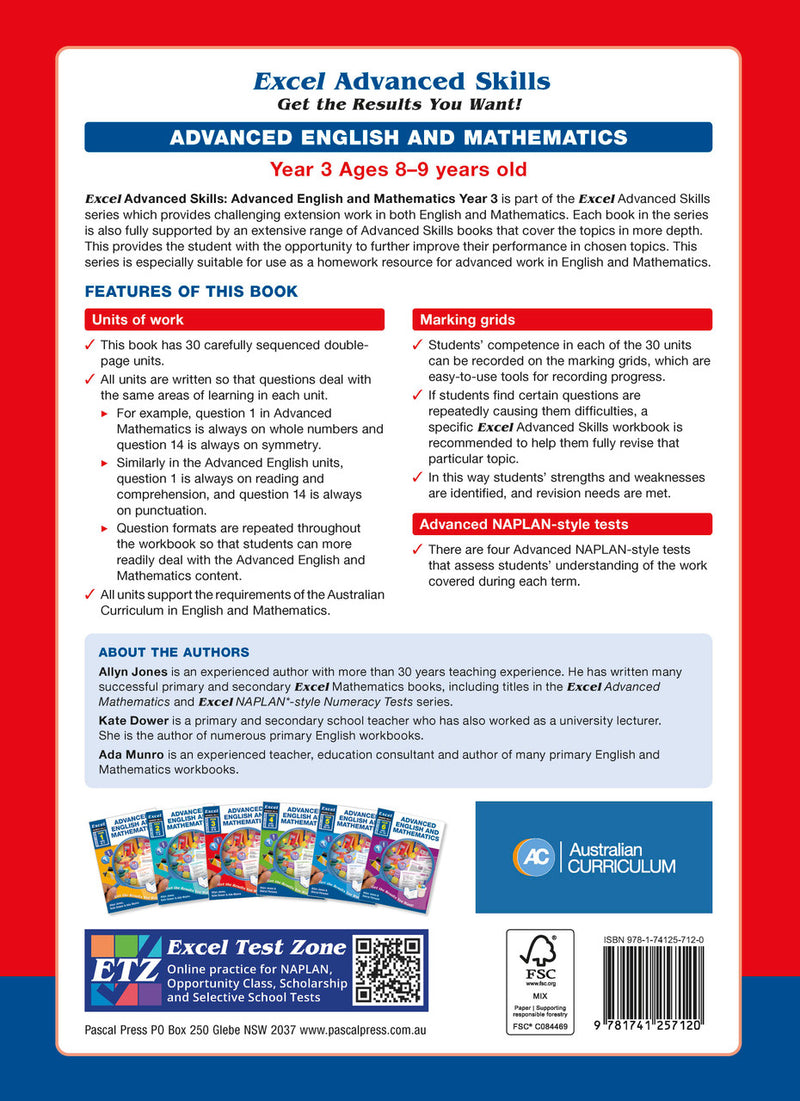 Back cover of the Excel Advanced Skills Advanced English and Mathematics Year 3 workbook with the publisher's overview of the book