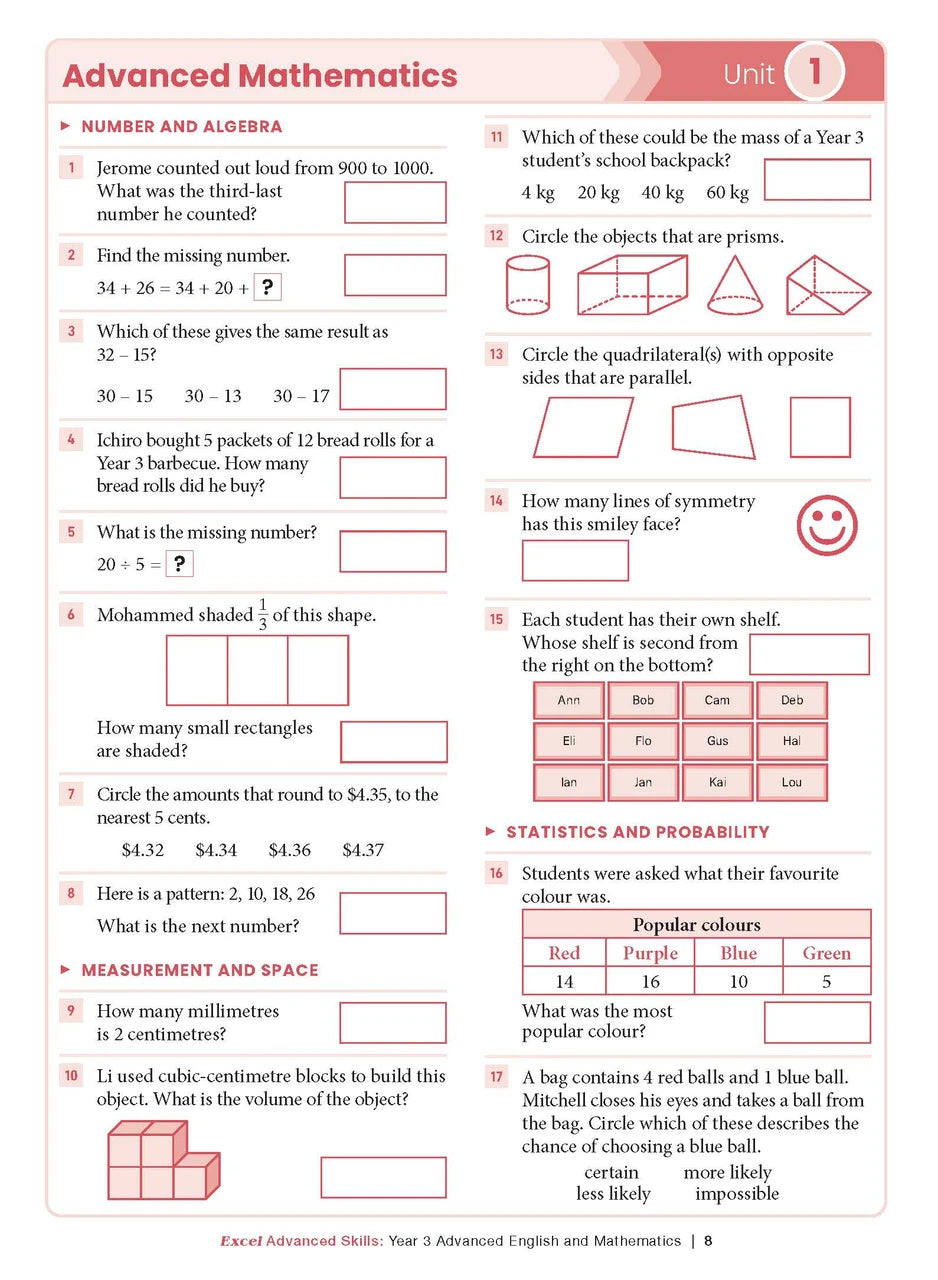 Sample interior page from the Excel Advanced Skills Advanced English and Mathematics Year 3 workbook, the third image in the publisher gallery