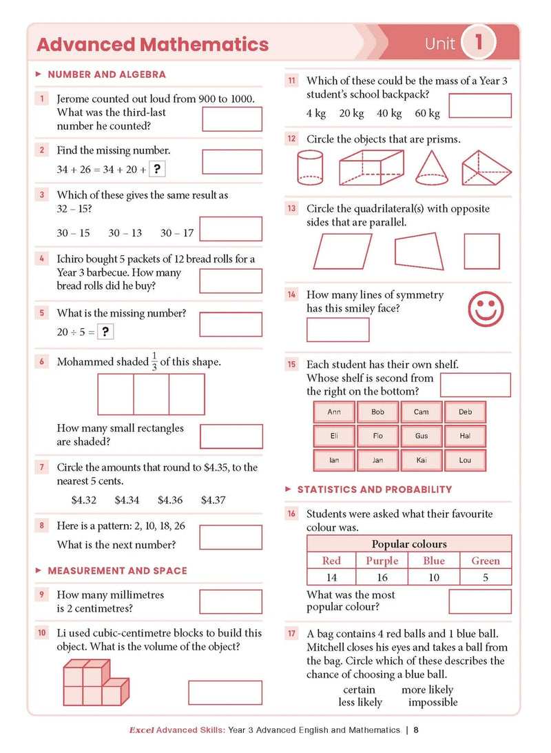 Sample interior page from the Excel Advanced Skills Advanced English and Mathematics Year 3 workbook, the third image in the publisher gallery