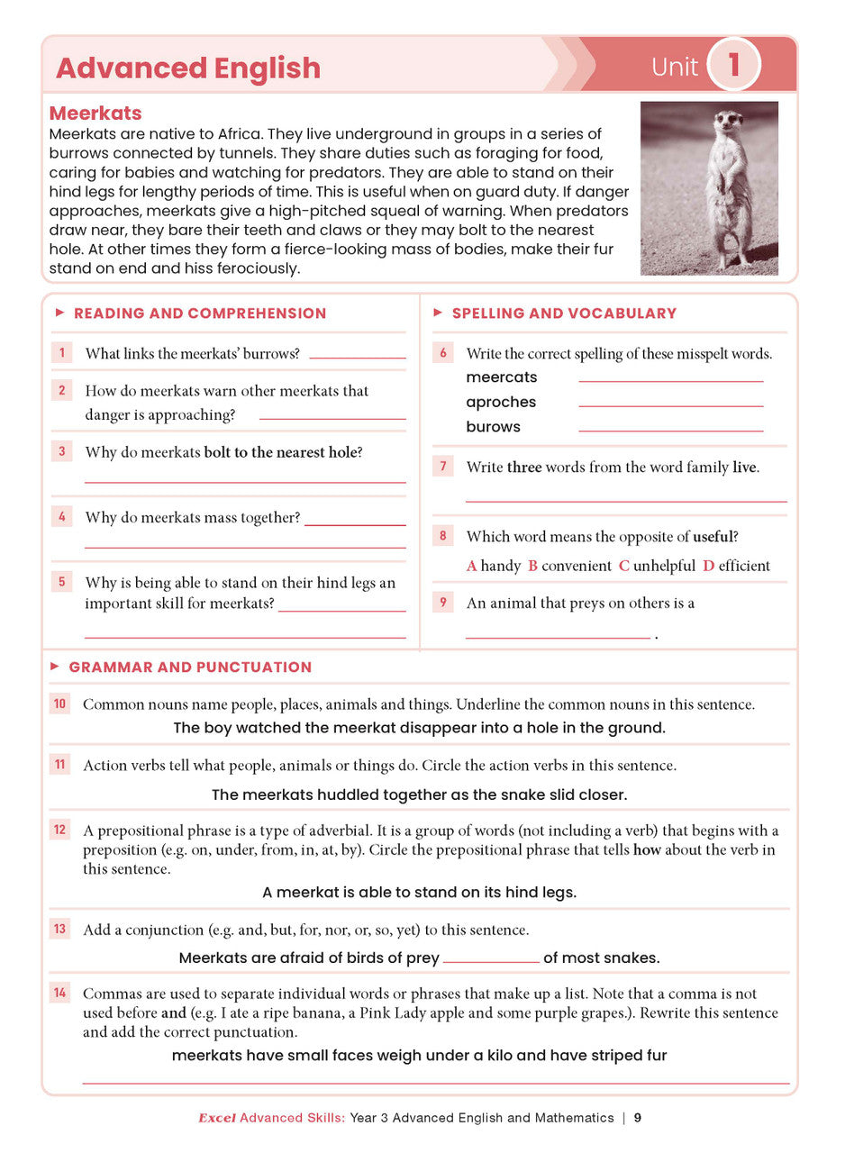 Sample interior page from the Excel Advanced Skills Advanced English and Mathematics Year 3 workbook, the fourth image in the publisher gallery
