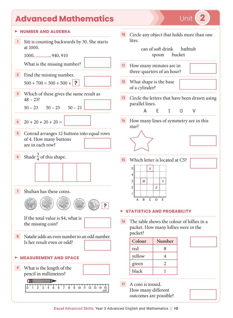Sample interior page from the Excel Advanced Skills Advanced English and Mathematics Year 3 workbook, the fifth image in the publisher gallery