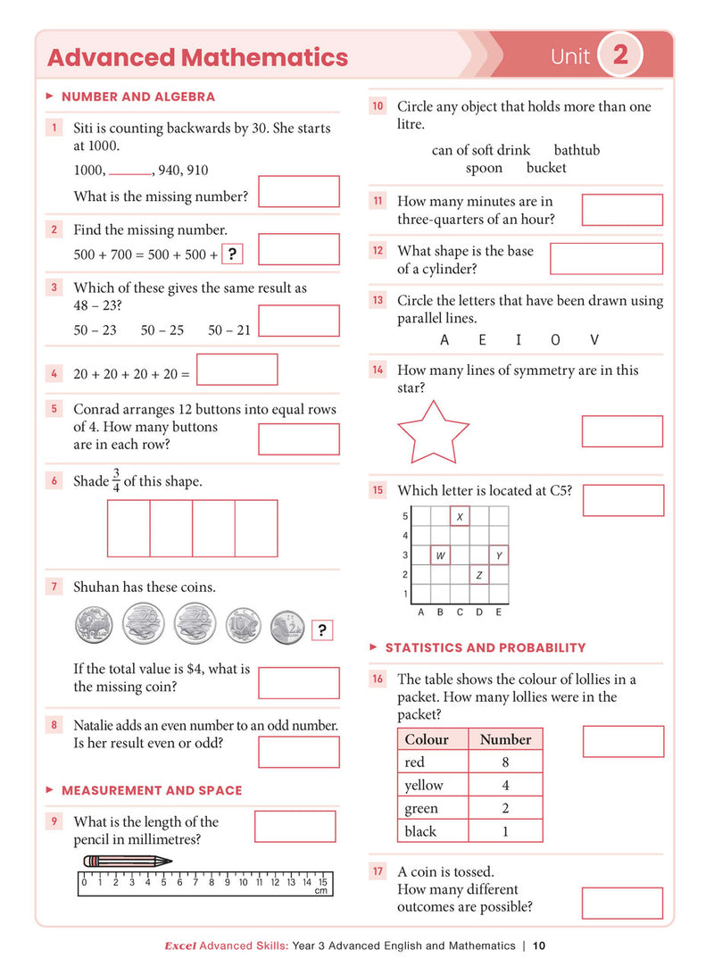 Sample interior page from the Excel Advanced Skills Advanced English and Mathematics Year 3 workbook, the fifth image in the publisher gallery