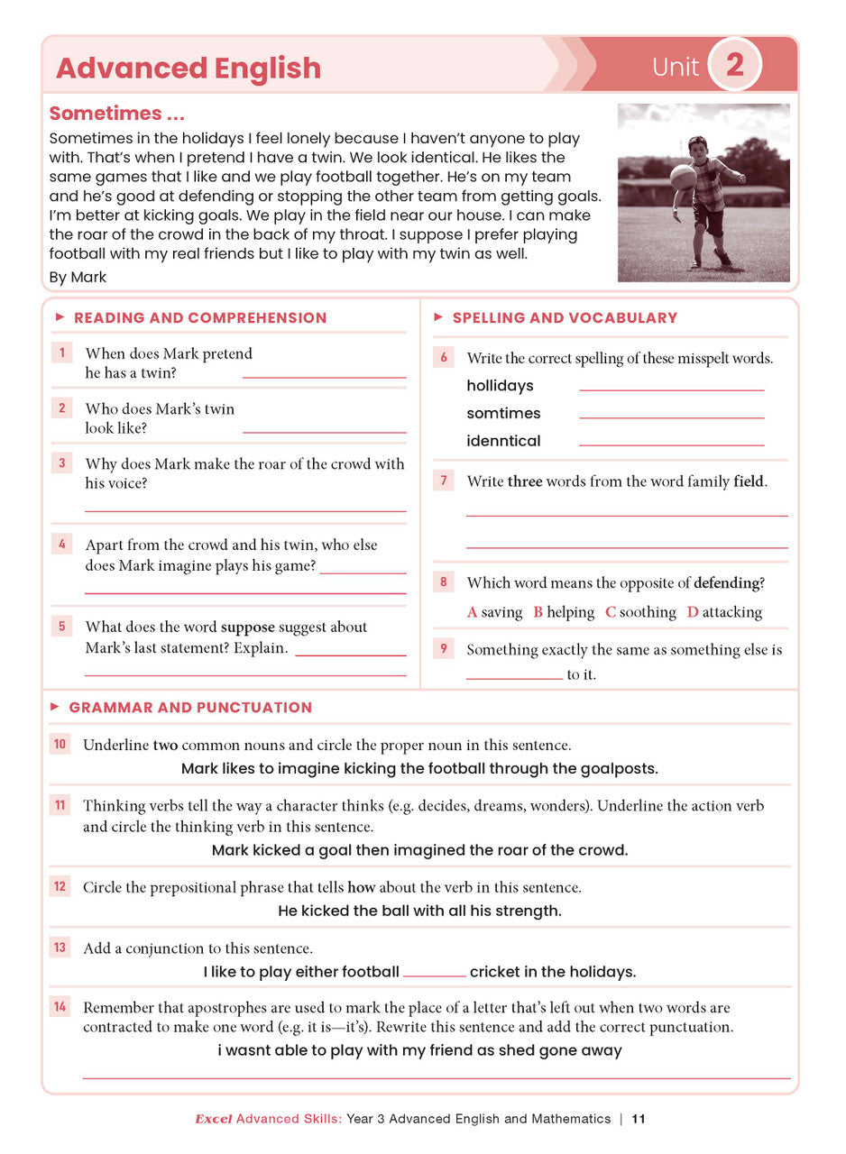 Sample interior page from the Excel Advanced Skills Advanced English and Mathematics Year 3 workbook, the sixth image in the publisher gallery