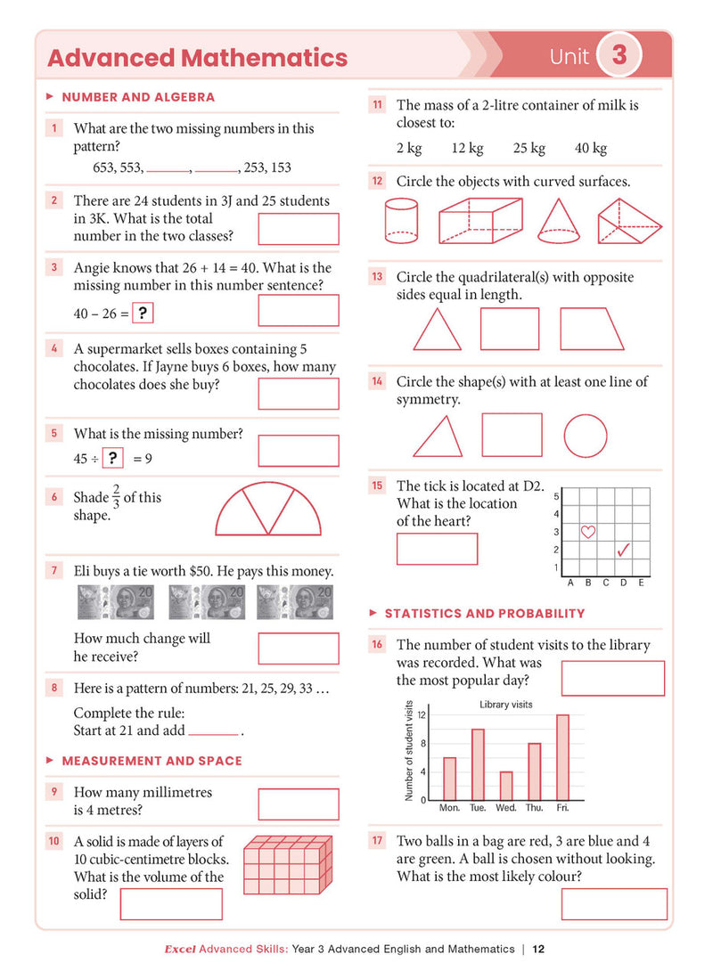 Sample interior page from the Excel Advanced Skills Advanced English and Mathematics Year 3 workbook, the seventh image in the publisher gallery
