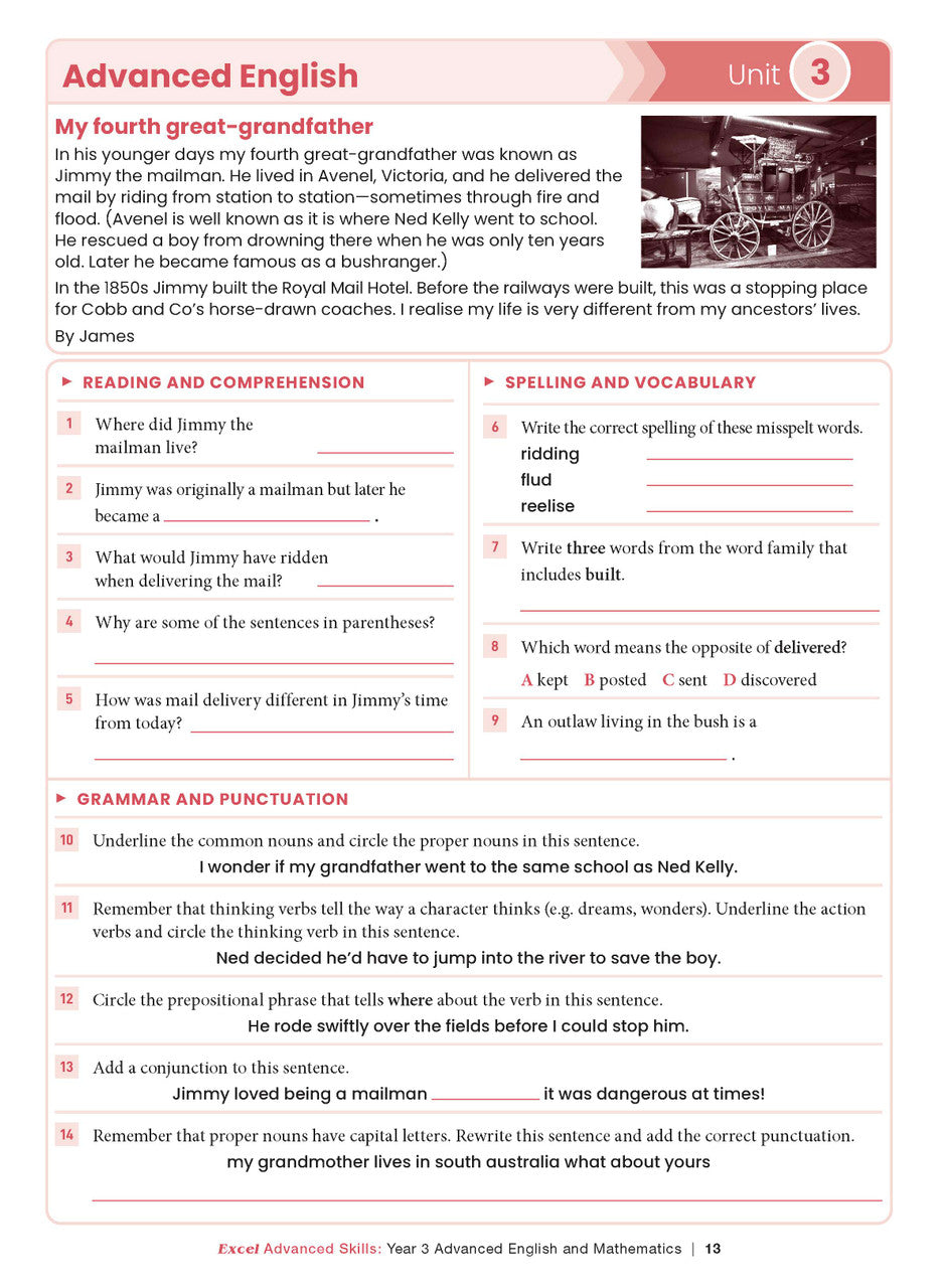 Sample interior page from the Excel Advanced Skills Advanced English and Mathematics Year 3 workbook, the eighth image in the publisher gallery
