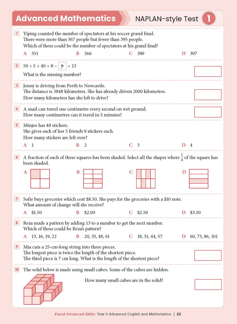Sample interior page from the Excel Advanced Skills Advanced English and Mathematics Year 3 workbook, the ninth image in the publisher gallery