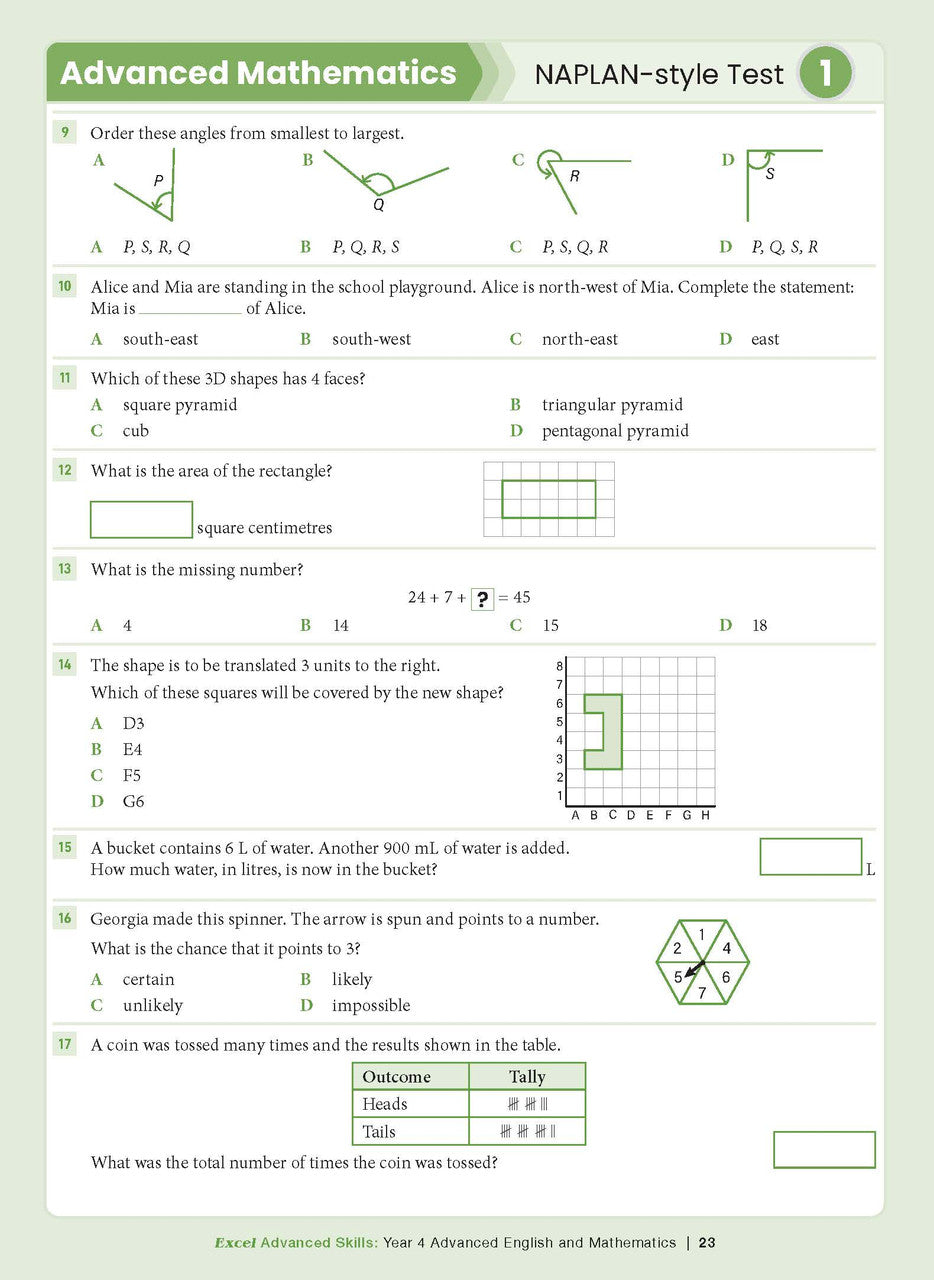 Sample interior page from the Excel Advanced Skills Advanced English and Mathematics Year 4 workbook, the tenth image in the publisher gallery