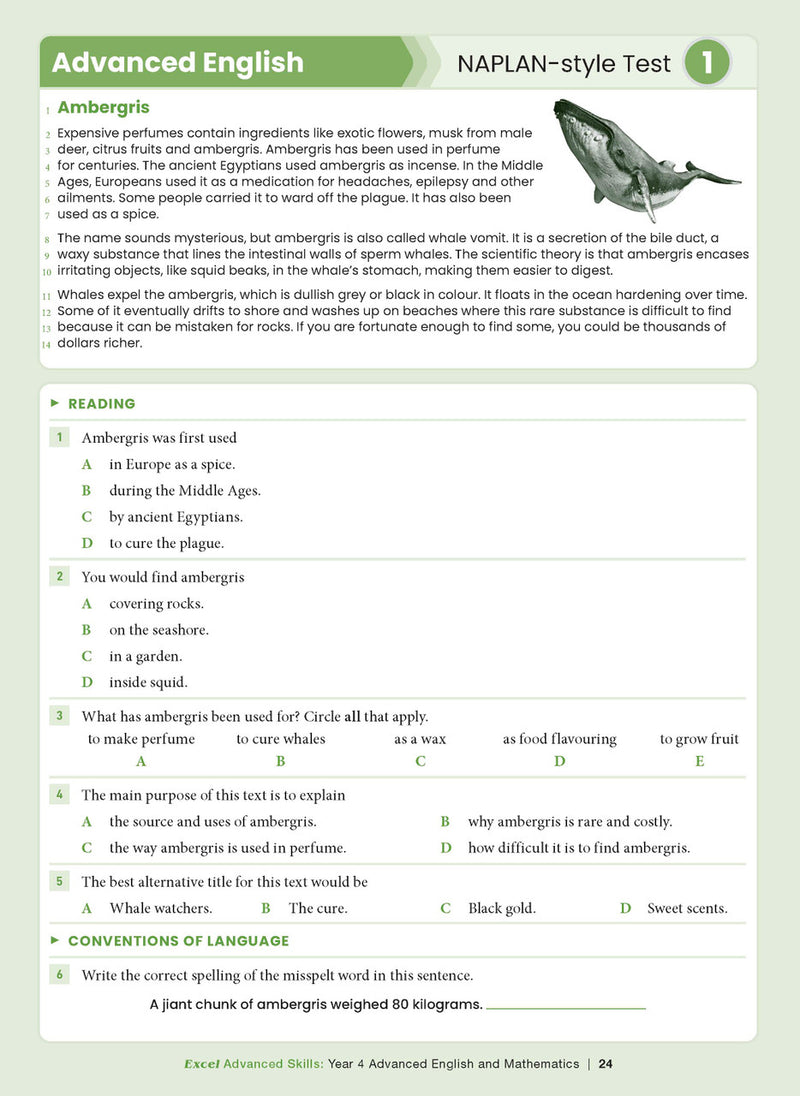 Sample interior page from the Excel Advanced Skills Advanced English and Mathematics Year 4 workbook, the eleventh image in the publisher gallery