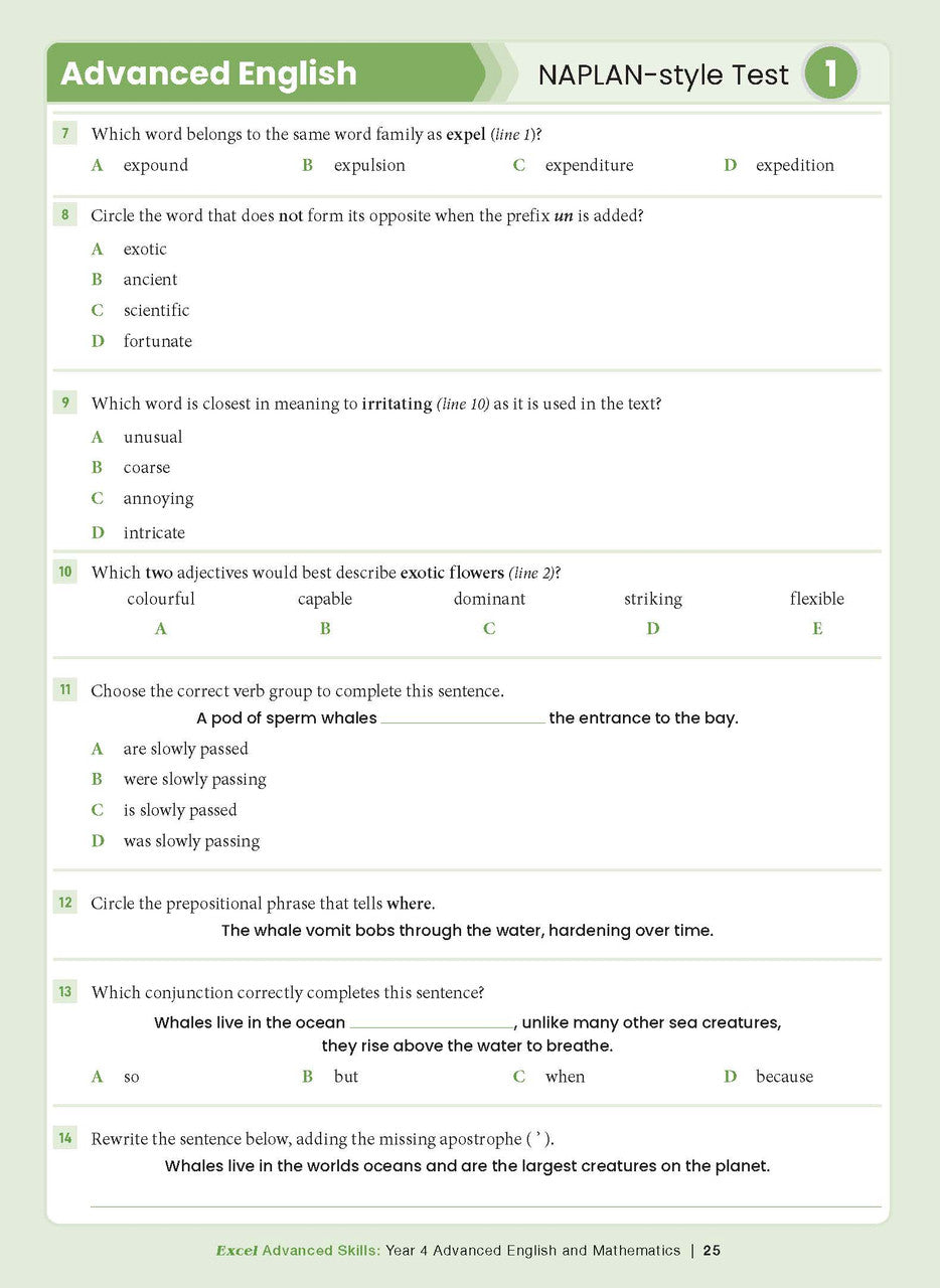 Sample interior page from the Excel Advanced Skills Advanced English and Mathematics Year 4 workbook, the twelfth image in the publisher gallery