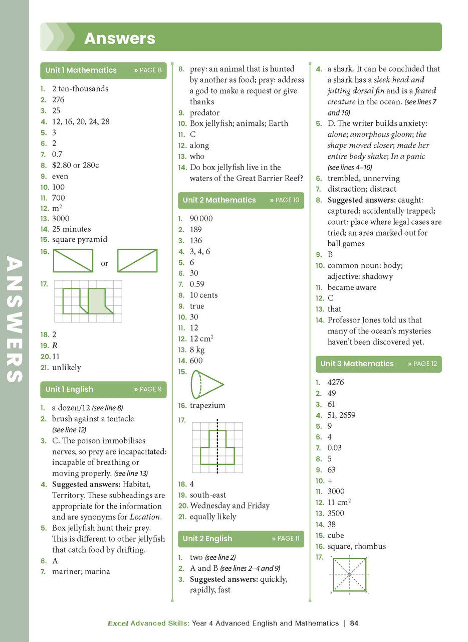 Sample interior page from the Excel Advanced Skills Advanced English and Mathematics Year 4 workbook, the thirteenth image in the publisher gallery