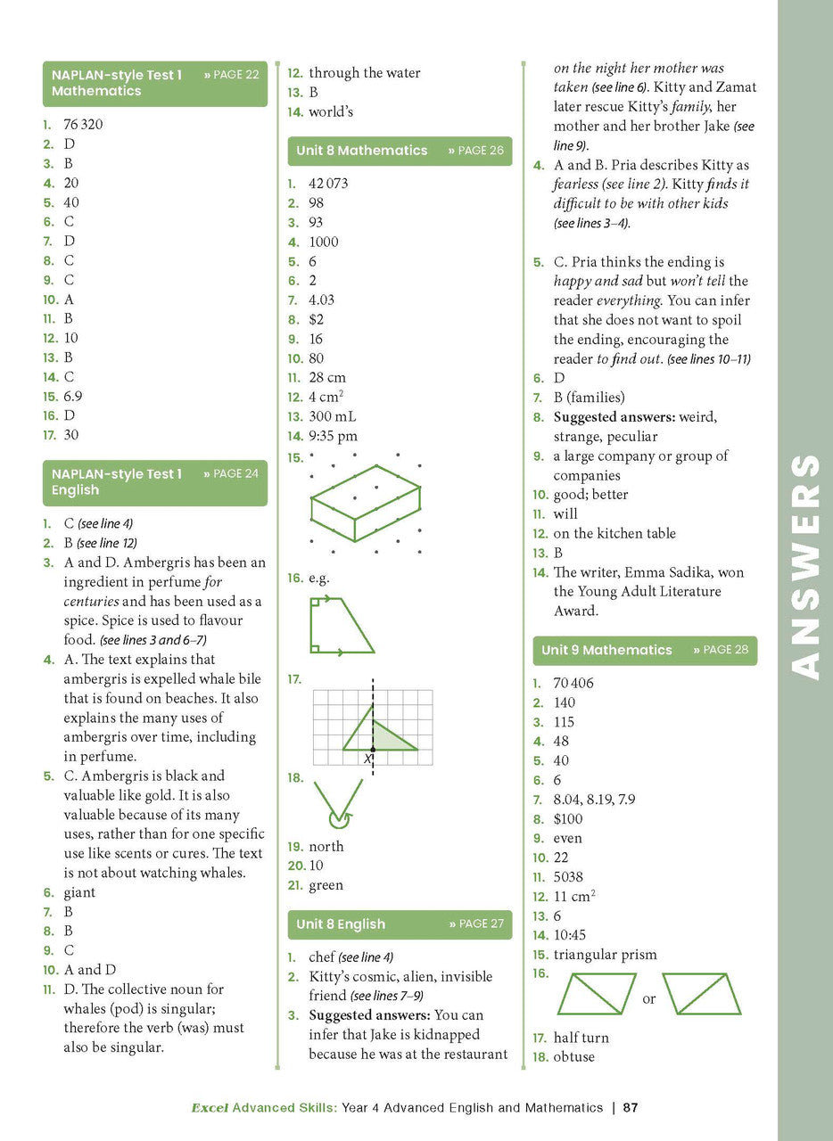 Sample interior page from the Excel Advanced Skills Advanced English and Mathematics Year 4 workbook, the fourteenth image in the publisher gallery