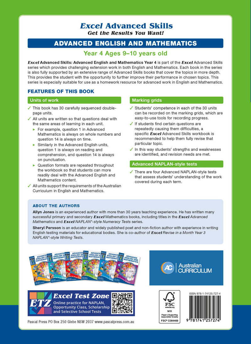 Back cover of the Excel Advanced Skills Advanced English and Mathematics Year 4 workbook with the publisher's overview of the book
