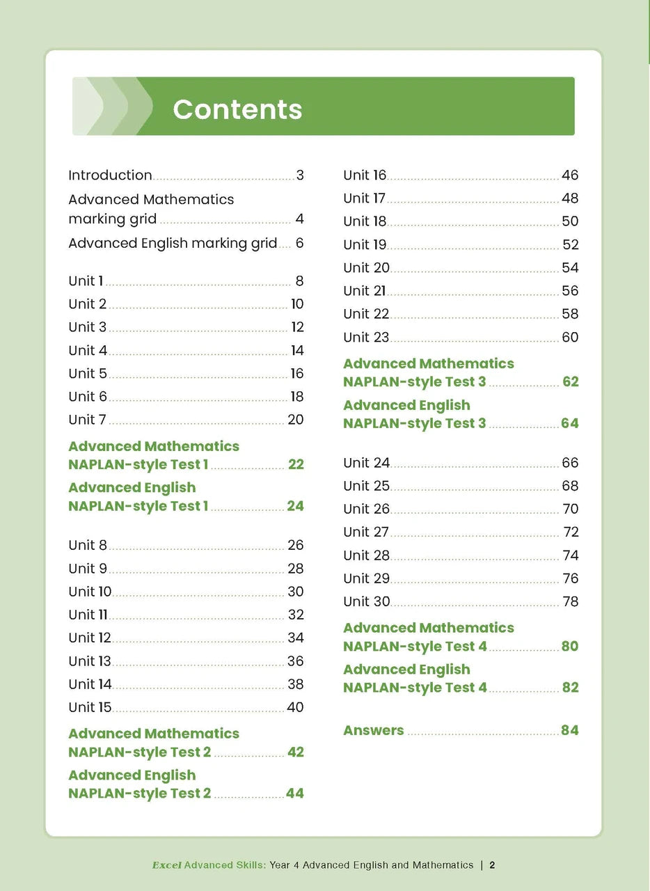 Sample interior page from the Excel Advanced Skills Advanced English and Mathematics Year 4 workbook, the second image in the publisher gallery