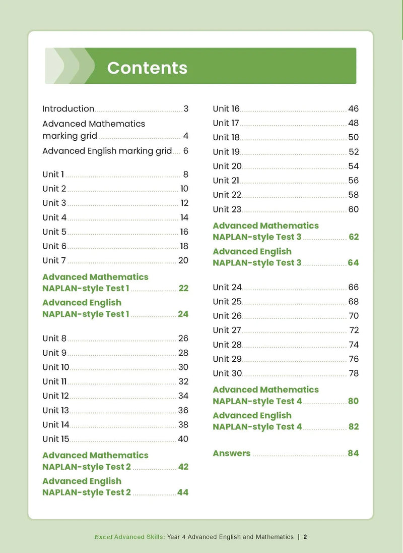Sample interior page from the Excel Advanced Skills Advanced English and Mathematics Year 4 workbook, the second image in the publisher gallery