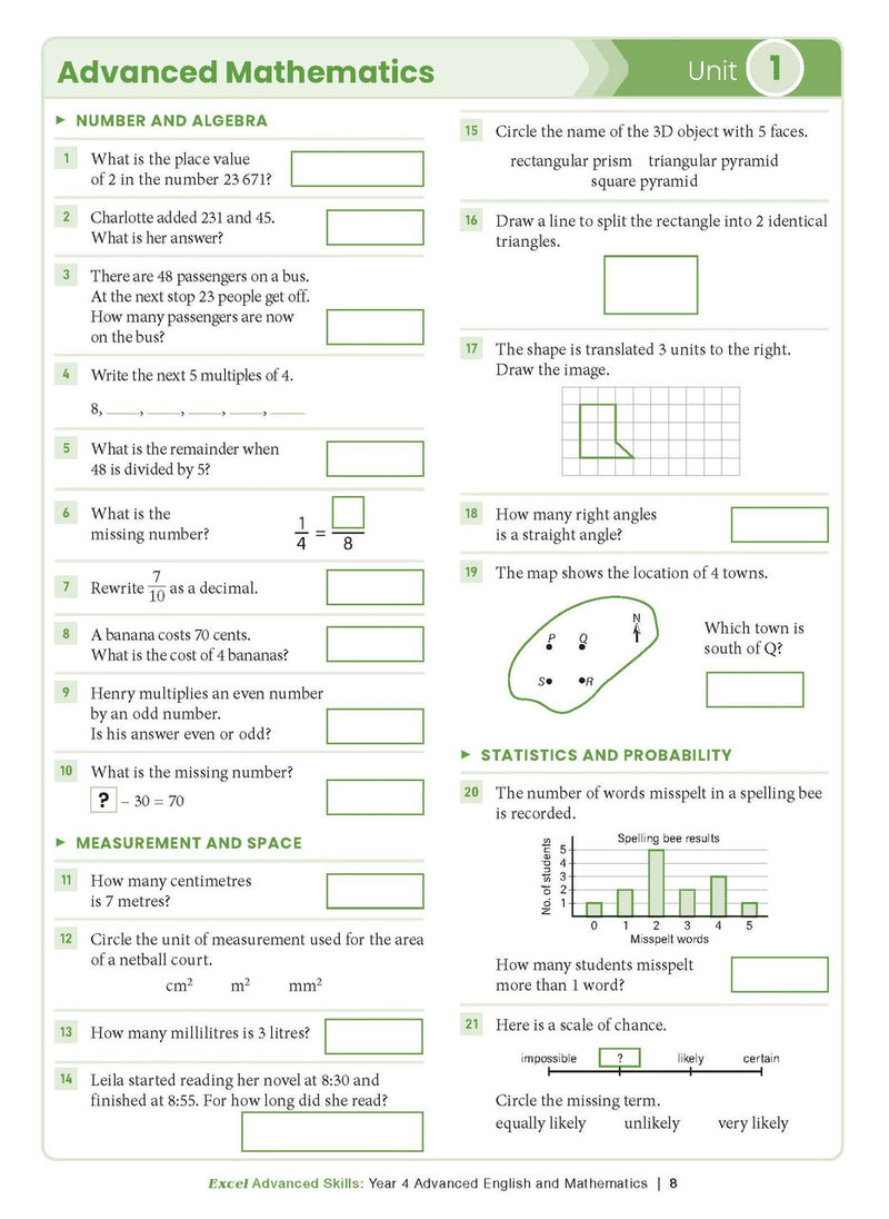 Sample interior page from the Excel Advanced Skills Advanced English and Mathematics Year 4 workbook, the third image in the publisher gallery