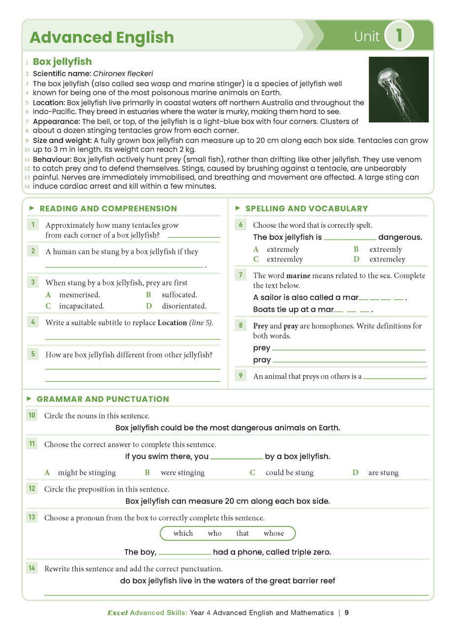 Sample interior page from the Excel Advanced Skills Advanced English and Mathematics Year 4 workbook, the fourth image in the publisher gallery