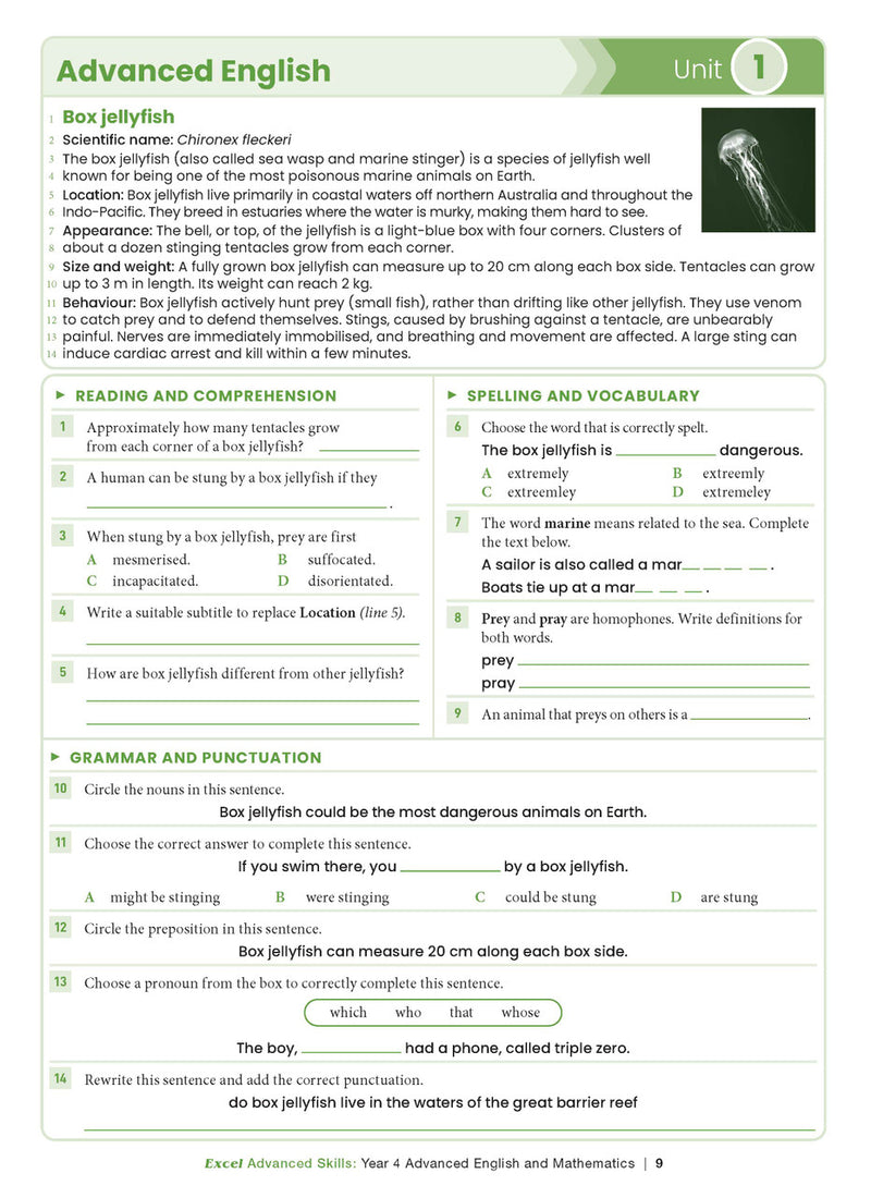 Sample interior page from the Excel Advanced Skills Advanced English and Mathematics Year 4 workbook, the fourth image in the publisher gallery