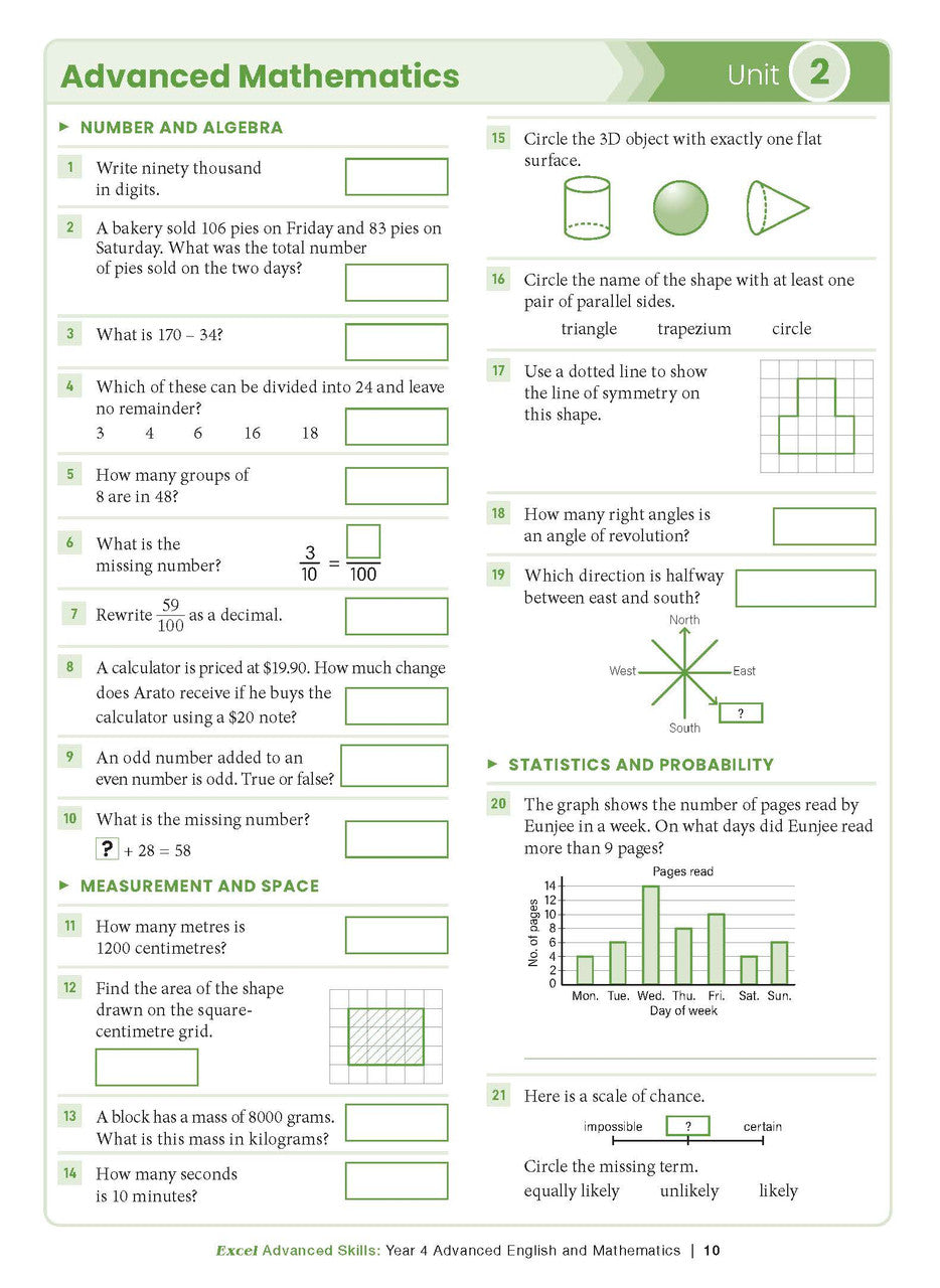 Sample interior page from the Excel Advanced Skills Advanced English and Mathematics Year 4 workbook, the fifth image in the publisher gallery