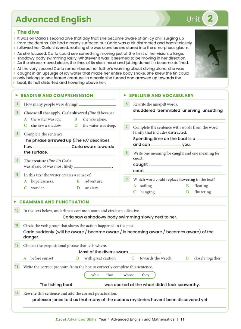 Sample interior page from the Excel Advanced Skills Advanced English and Mathematics Year 4 workbook, the sixth image in the publisher gallery