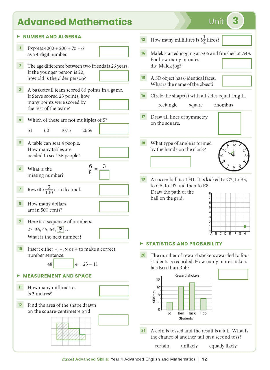 Sample interior page from the Excel Advanced Skills Advanced English and Mathematics Year 4 workbook, the seventh image in the publisher gallery