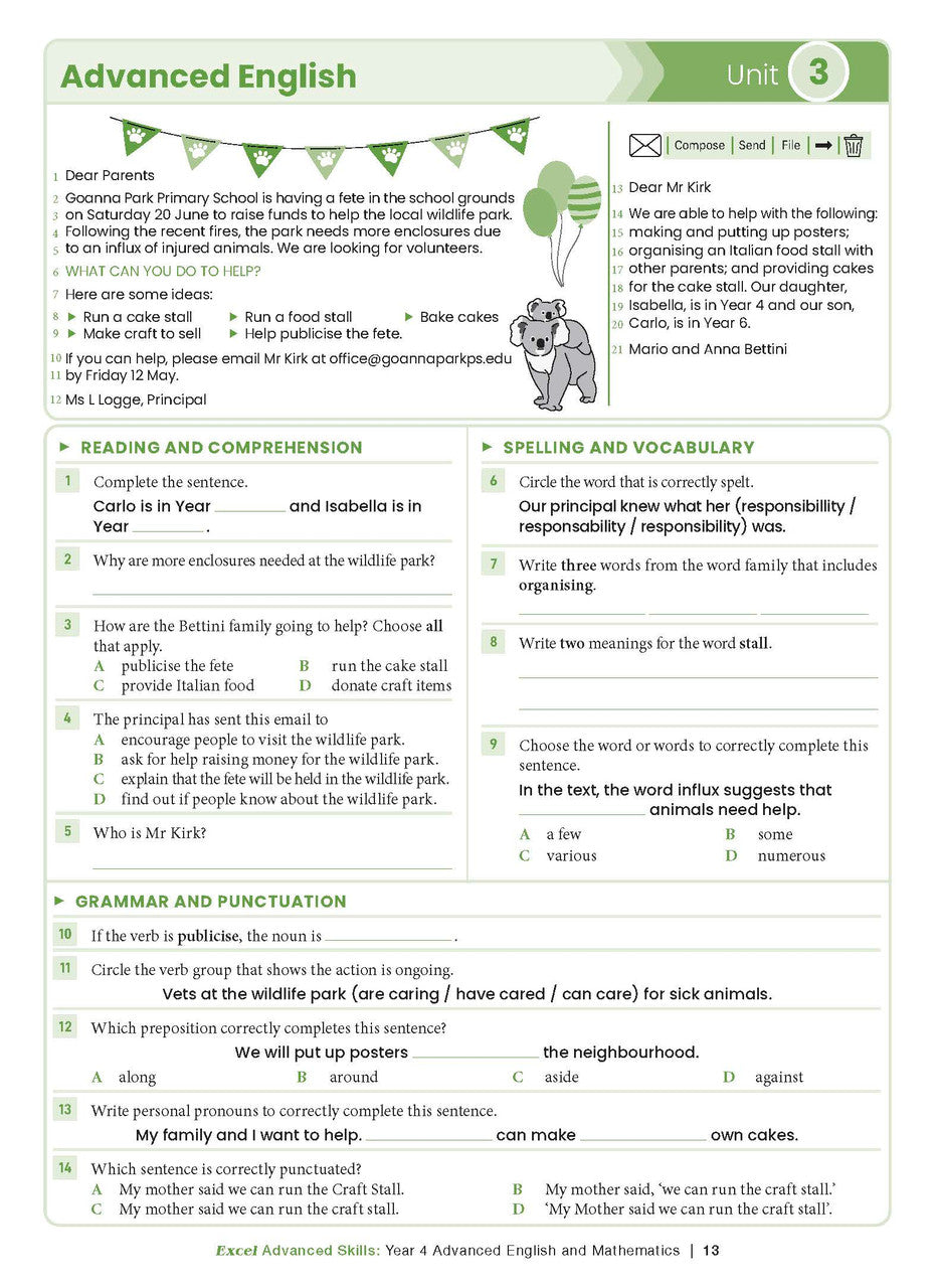 Sample interior page from the Excel Advanced Skills Advanced English and Mathematics Year 4 workbook, the eighth image in the publisher gallery