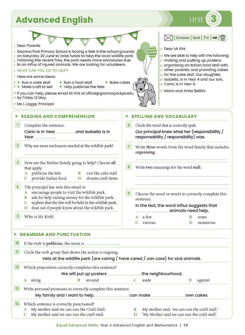 Sample interior page from the Excel Advanced Skills Advanced English and Mathematics Year 4 workbook, the eighth image in the publisher gallery