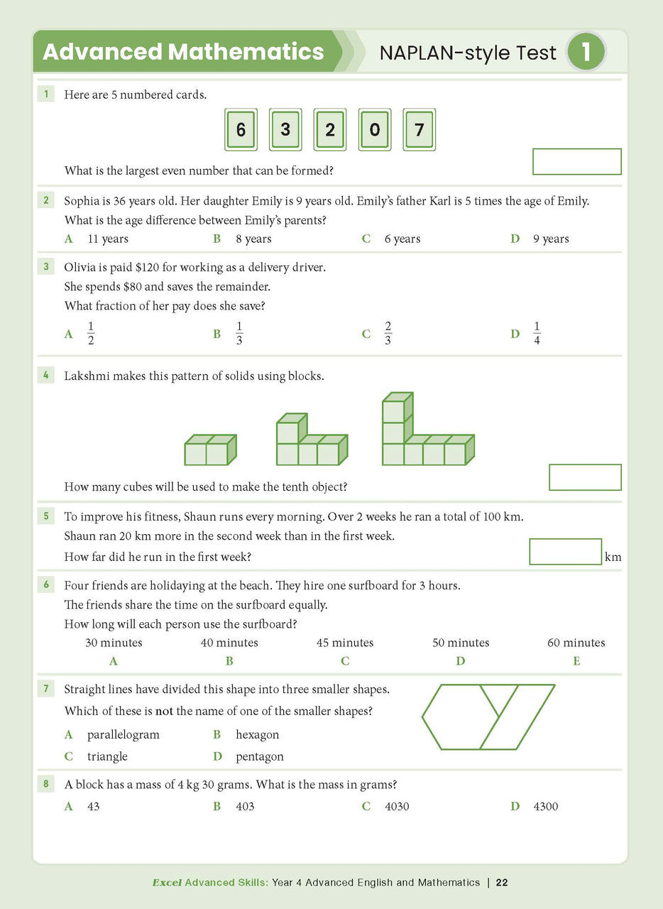 Sample interior page from the Excel Advanced Skills Advanced English and Mathematics Year 4 workbook, the ninth image in the publisher gallery