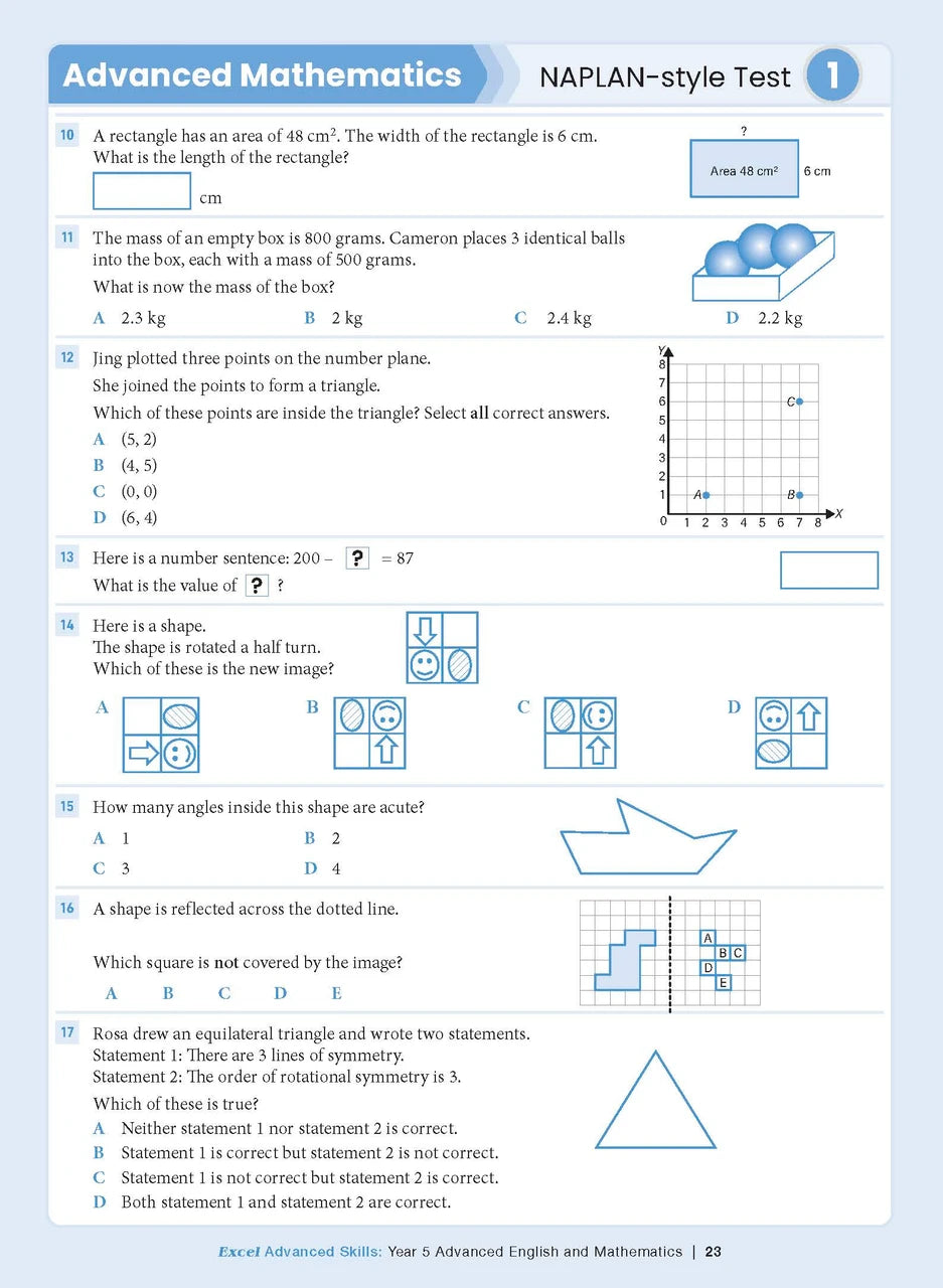 Sample interior page from the Excel Advanced Skills Advanced English and Mathematics Year 5 workbook, the tenth image in the publisher gallery