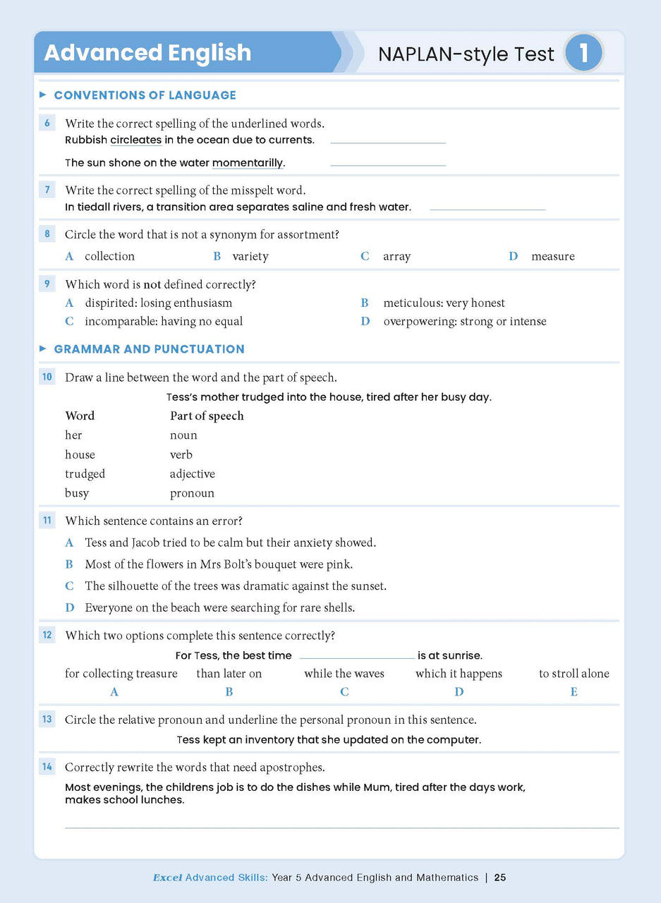 Sample interior page from the Excel Advanced Skills Advanced English and Mathematics Year 5 workbook, the twelfth image in the publisher gallery